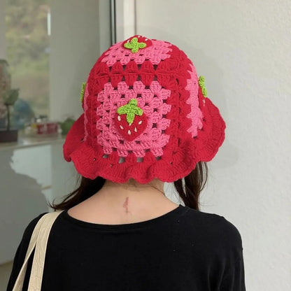 Bohemian Strawberry Crochet Ruffled Edge Bucket Hat