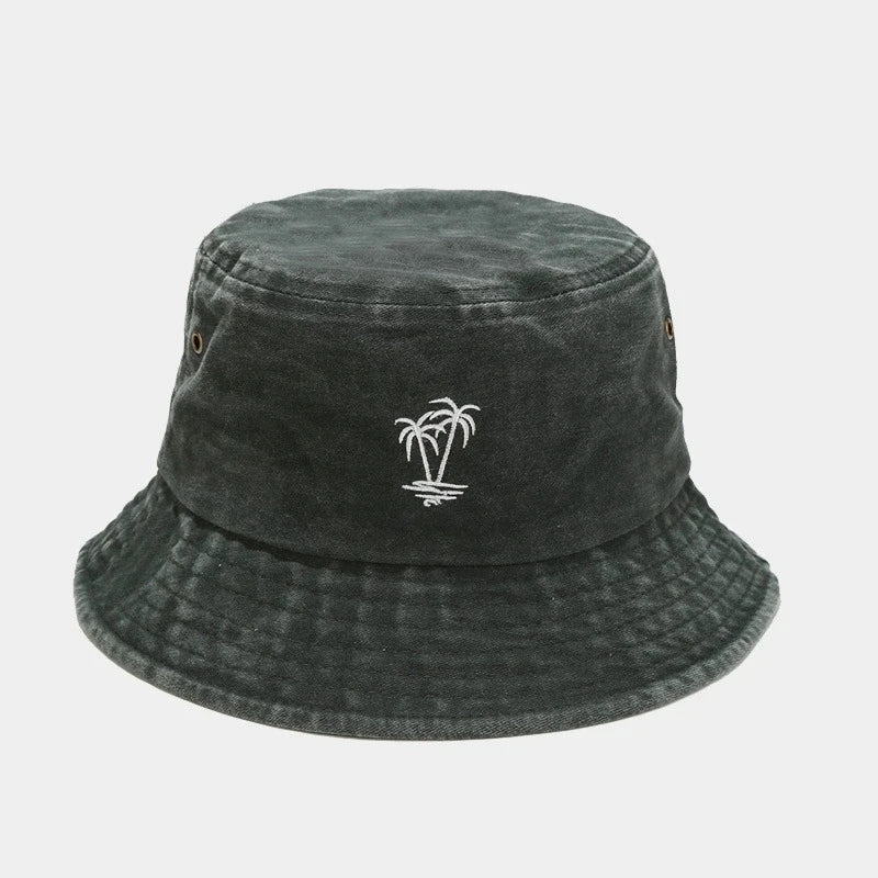 Vintage Washed Palm Tree Embroidery Outdoor Hiking Bucket Hat