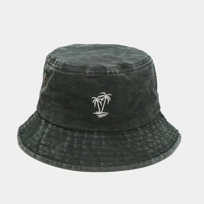 Vintage Washed Palm Tree Embroidery Outdoor Hiking Bucket Hat