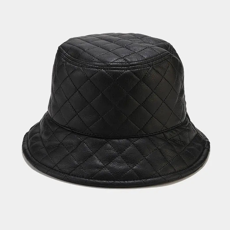 Korean PU Leather Check Winter Bucket Hat