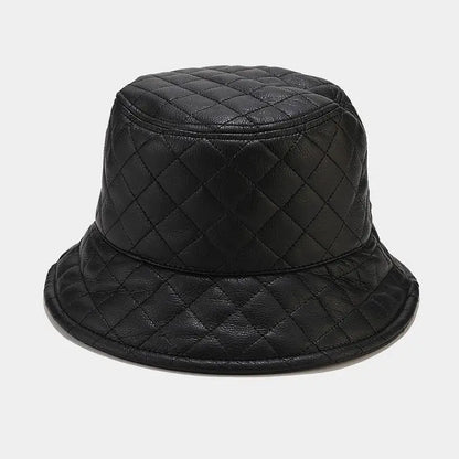Korean PU Leather Check Winter Bucket Hat