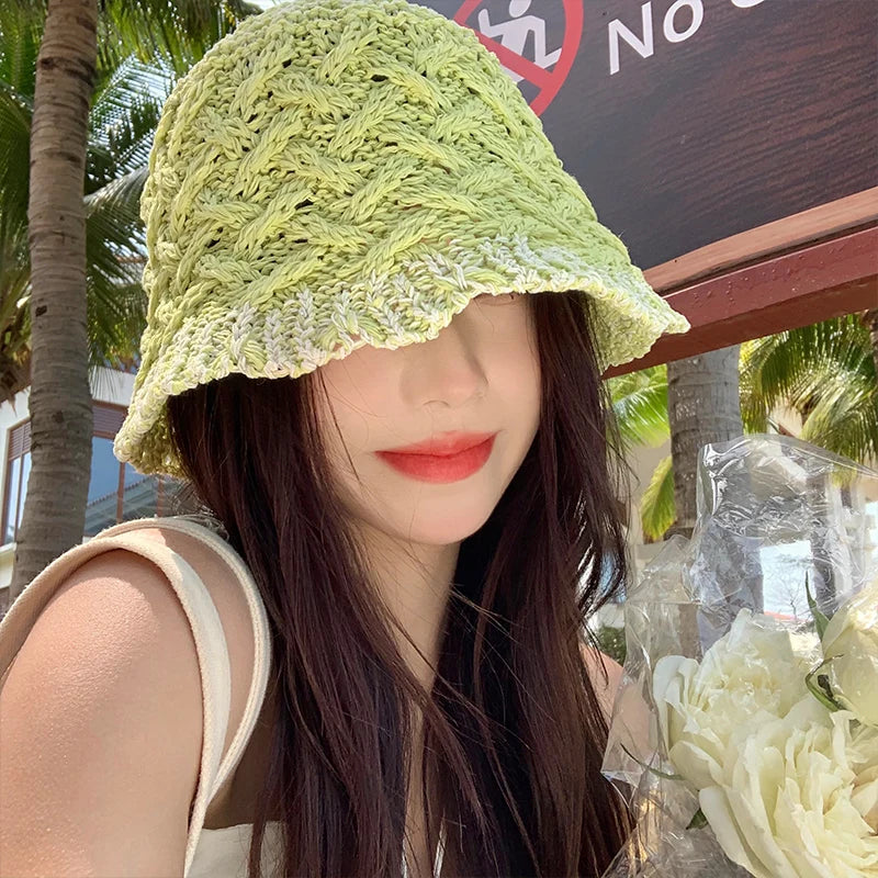 Hollow Woven Japanese Style Breathable Women Bucket Hat