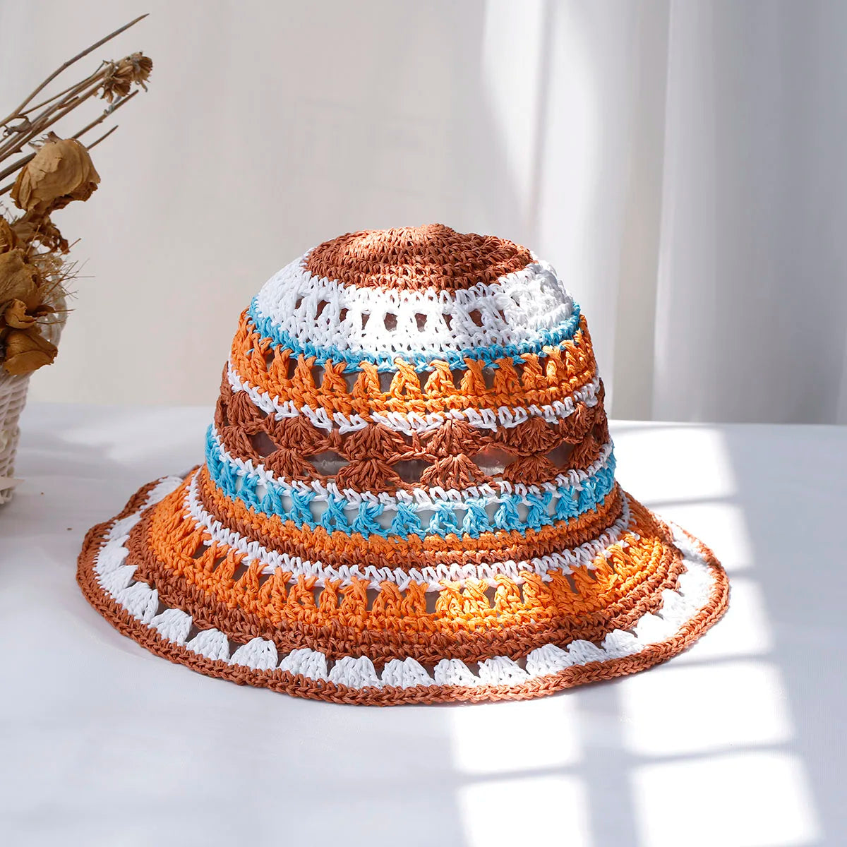 Multicolor Foldable Crochet Straw Bucket Hat