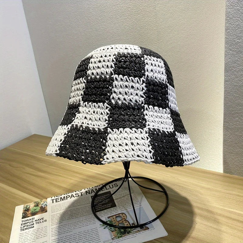 Korean Checkerboard Woven Straw Bucket Hat