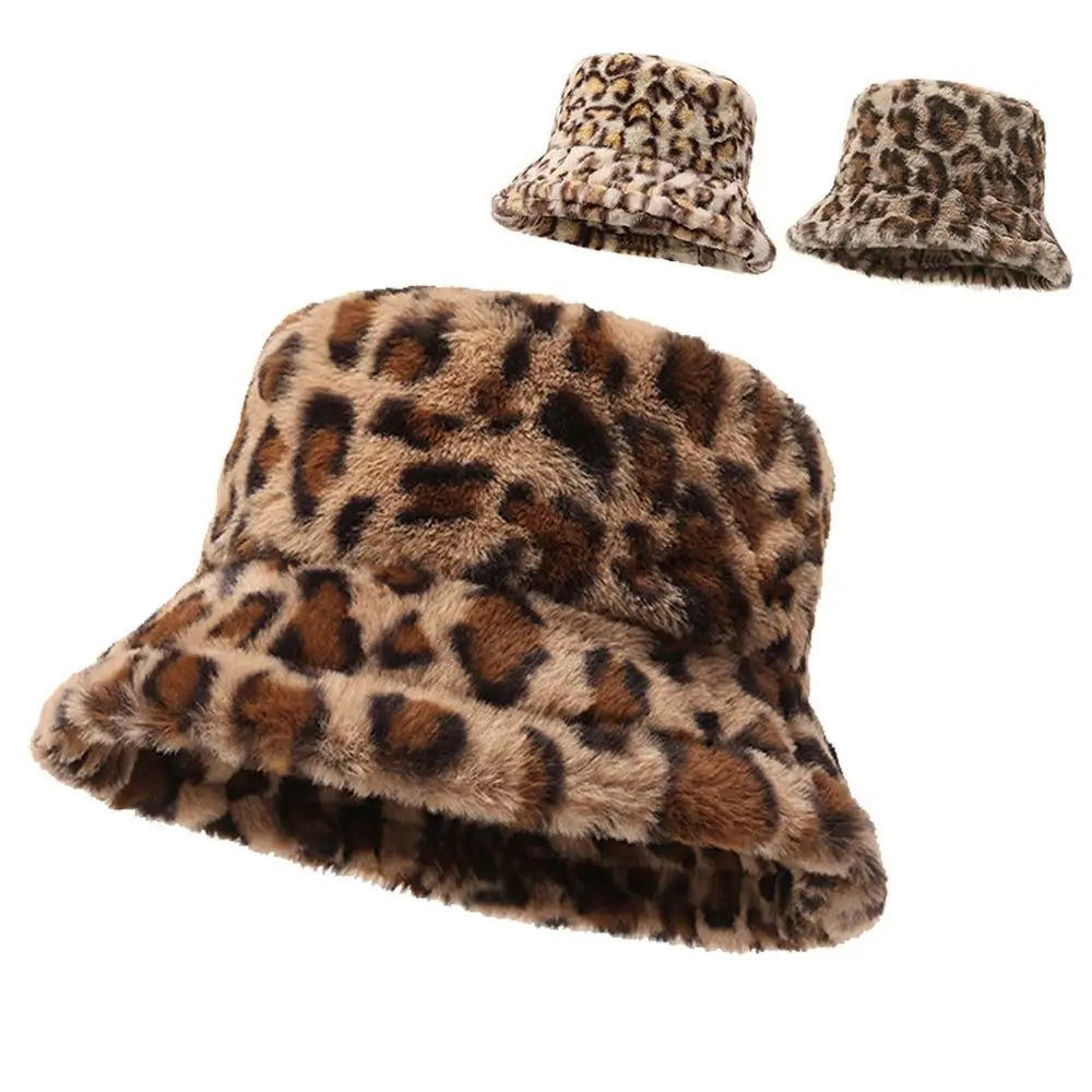 Leopard Print Plush Winter Bucket Hat
