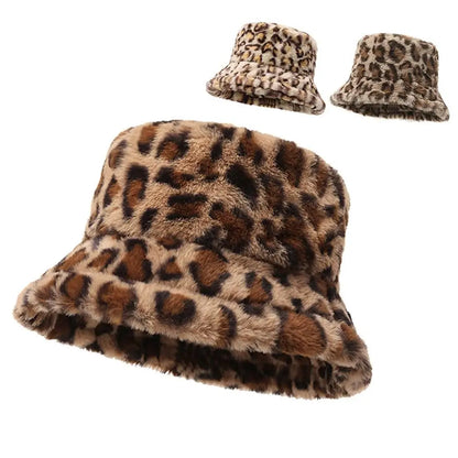 Leopard Print Plush Winter Bucket Hat