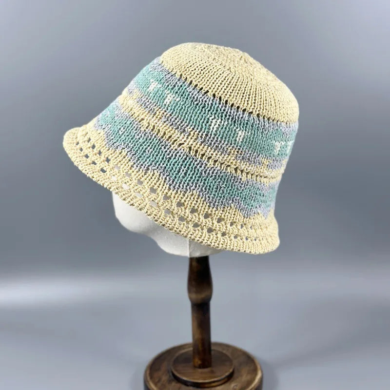 Summer Handmade Flower Straw Knit Breathable Bucket Hat