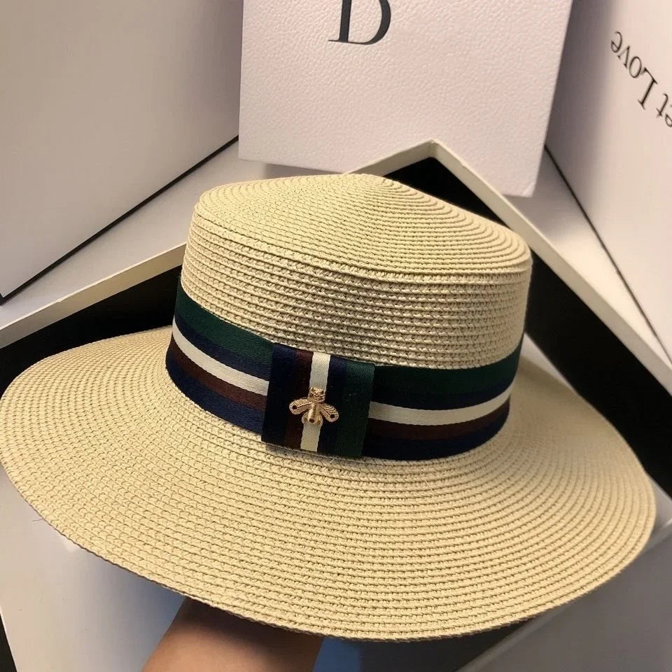Striped Bee Embroidery Wide Brim Bucket Hat