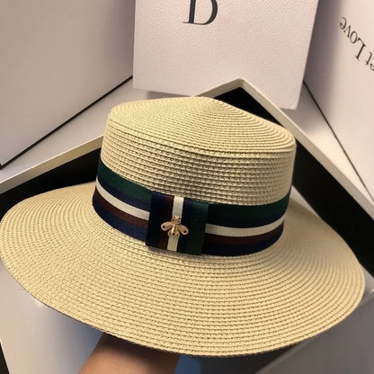 Striped Bee Embroidery Wide Brim Bucket Hat
