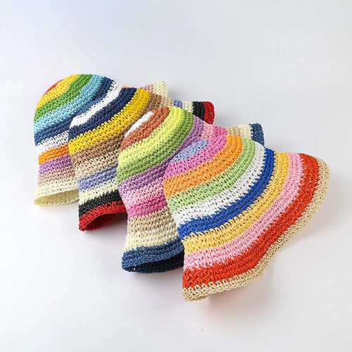 Summer Rainbow Striped Crochet Foldable Bucket Hat