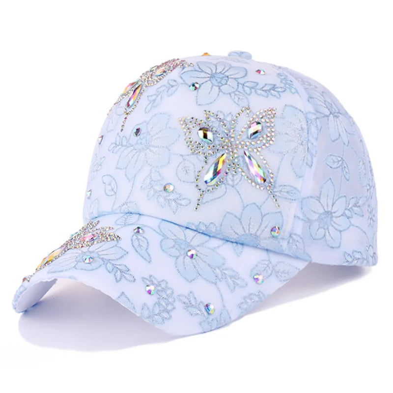 Women Flower Butterfly Rhinestone Lace Baseball Cap