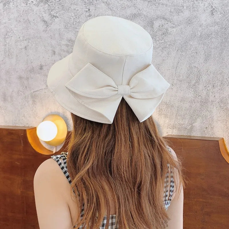 Women Big Bowknot Wide Brim Panama Bucket Hat