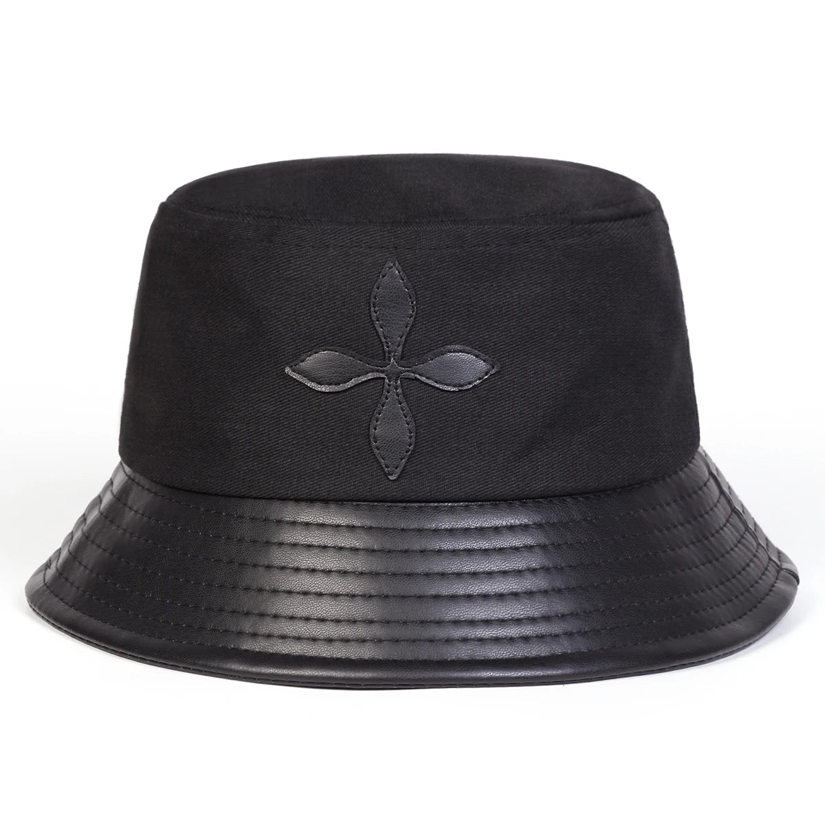 Unisex Cross Flower Label Personality Pu Leather Splice Bucket Hats
