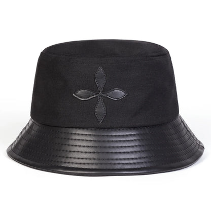 Unisex Cross Flower Label Personality Pu Leather Splice Bucket Hats