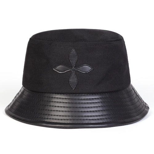 Unisex Cross Flower Label Personality Pu Leather Splice Bucket Hats