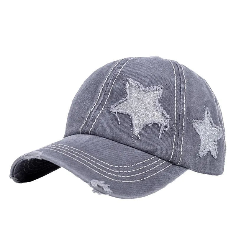 Distressed Star Curved Brim Ponytail Baseball Cap
