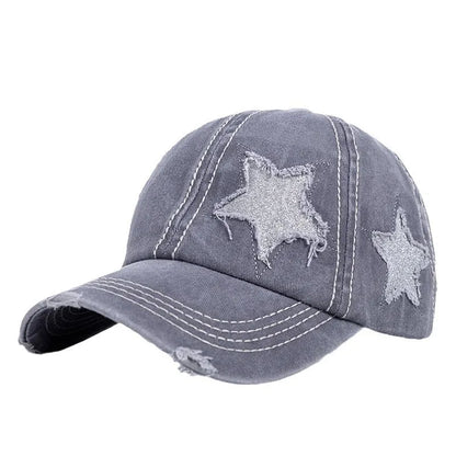 Distressed Star Curved Brim Ponytail Baseball Cap