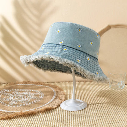 Daisy Embroidered Washed Denim Retro Summer Bucket Hat