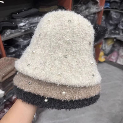 Pearl Rhinestone Plush Winter Bucket Hat for Women