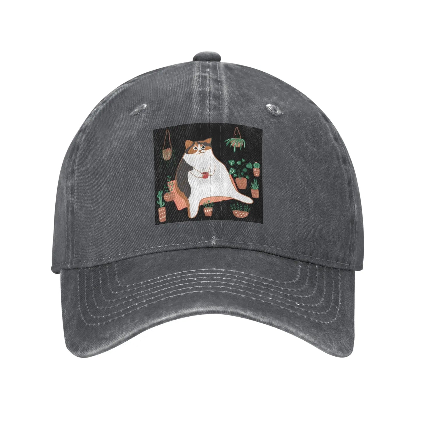 Calico Cat With Pot Plants Denim Adjustable Baseball Cap