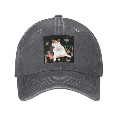 Calico Cat With Pot Plants Denim Adjustable Baseball Cap