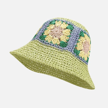 Handmade Crochet Flower Paper Straw Bucket Hat