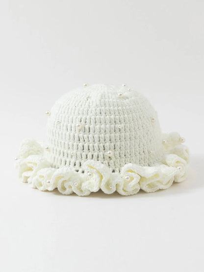 Women’s Pearl Ruffled Crochet Knit Bucket Hat