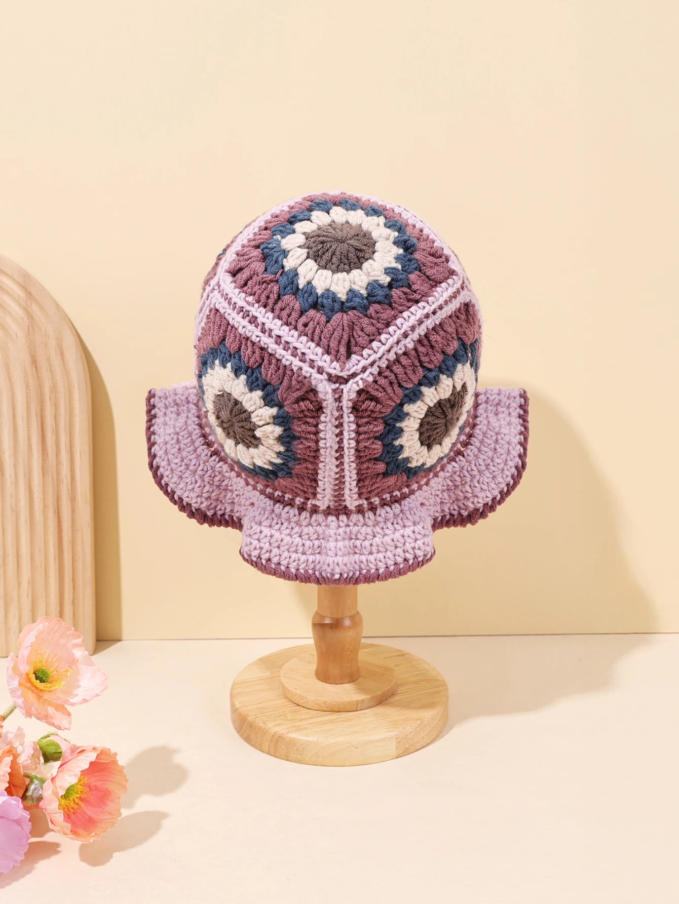 Retro Pink Purple Crochet Knit Bucket Hat