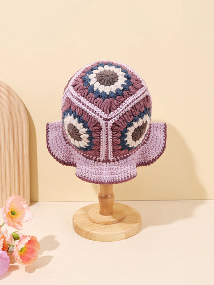 Retro Pink Purple Crochet Knit Bucket Hat
