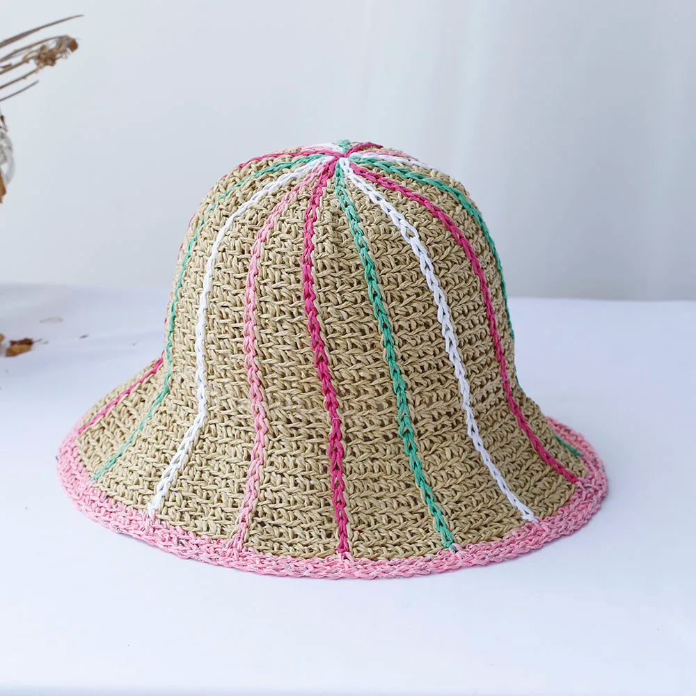 Rainbow Crochet Straw UV Visor Bucket Hat