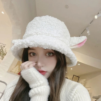 Vintage Winter Sheep Ear Plush Bucket Hat Women Warm Fisherman Cap