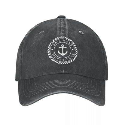 Sail More Worry Less Nautical Anchor Baseball Cap