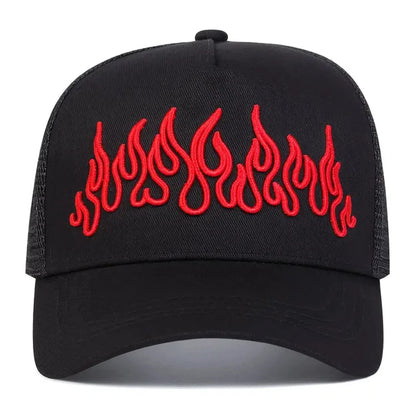 Flame Embroidered Mesh Hip Hop Baseball Hat
