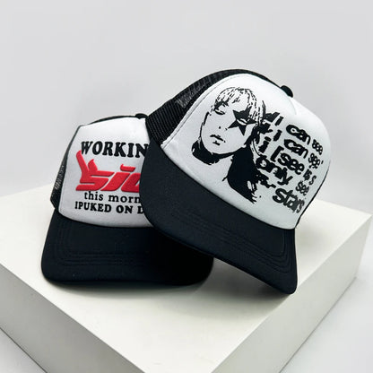 American Anime Letter Half Mesh Baseball Cap