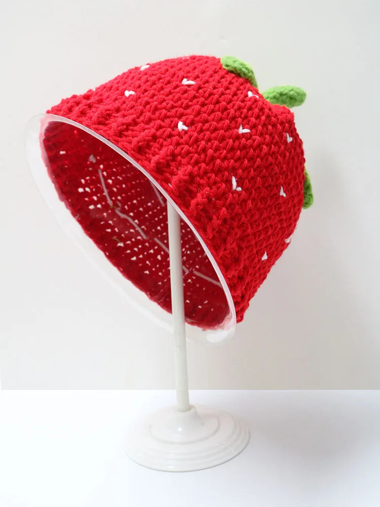 Cartoon Strawberry Crochet Ruffled Bucket Hat