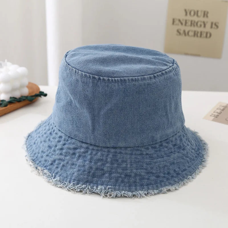 Vintage Fringed Denim Washable Bucket Hat