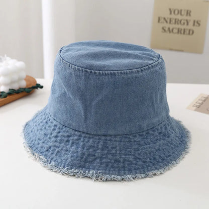 Vintage Fringed Denim Washable Bucket Hat