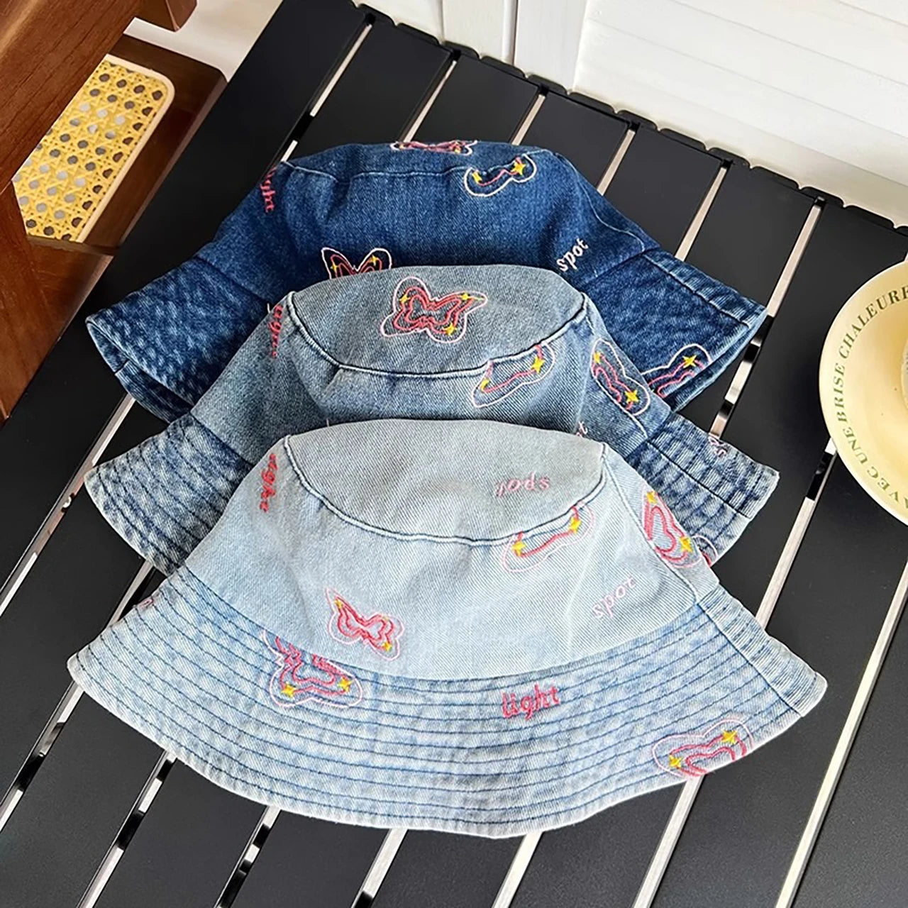 Butterfly Embroidered Washed Denim Wide Brim Bucket Hat