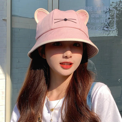 Kawaii Cat Ear Cotton Bucket Hat – Unisex Y2K Summer Cap
