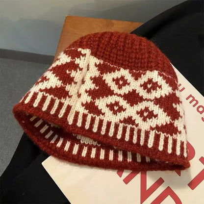 Womens Knit Wool Vintage Checkered Bucket Hat