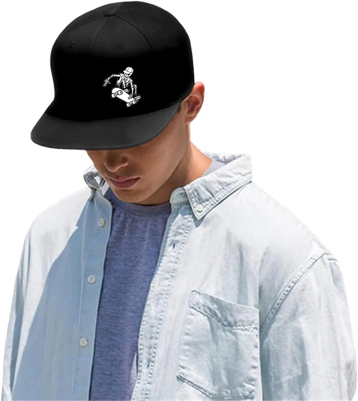 Skeleton Skateboarder Graphic Black Snapback Cap