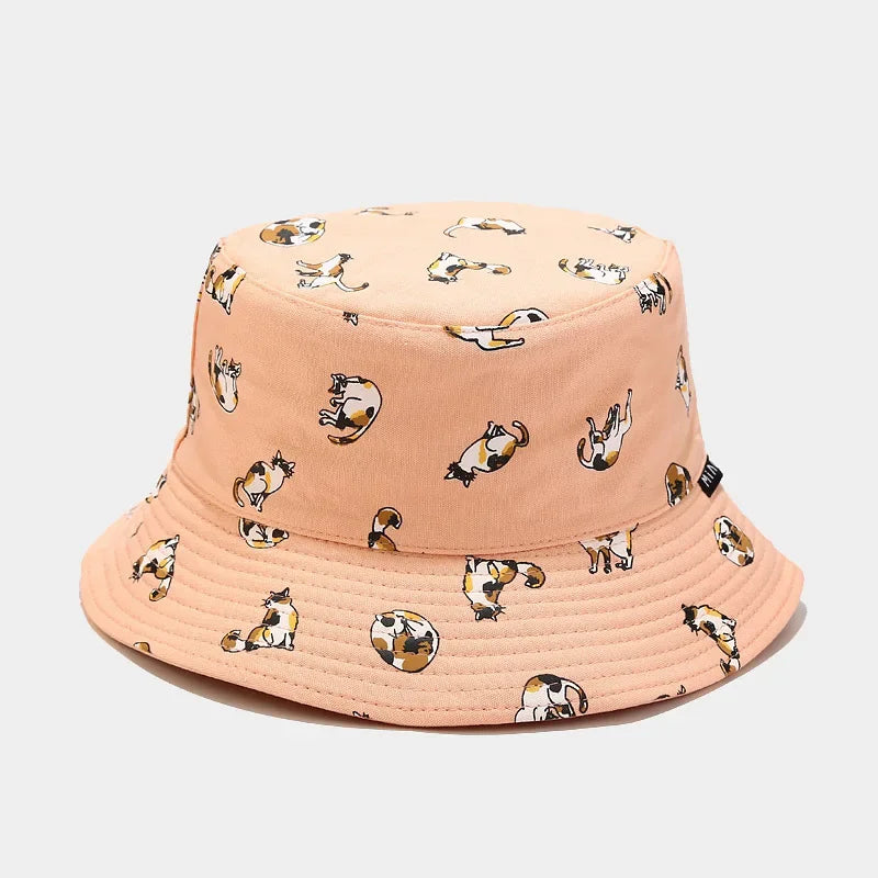 Cartoon Cat Embroidery Cotton Bucket Hat