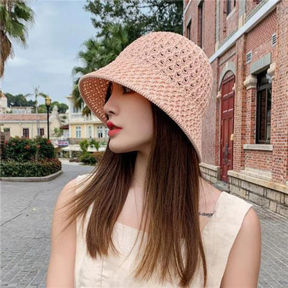 Women Wide Brim Straw Beach Bucket Hat