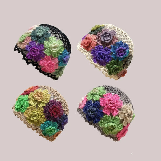 Artistic Colorful Flower Hollow Knitted Bucket Hat