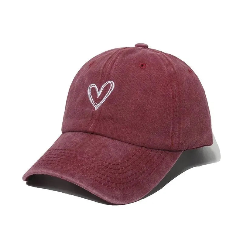 Women's Love Heart Embroidery Washed Cotton Baseball Cap