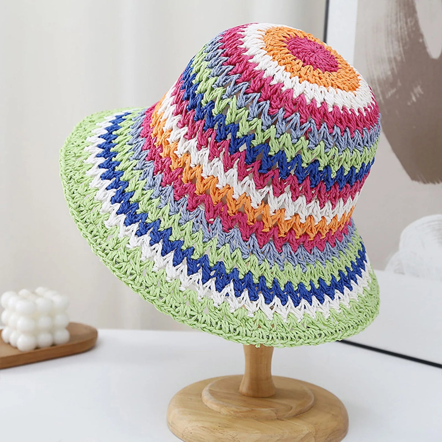 Womens Rainbow Braided Straw Wide Brim Bucket Hat