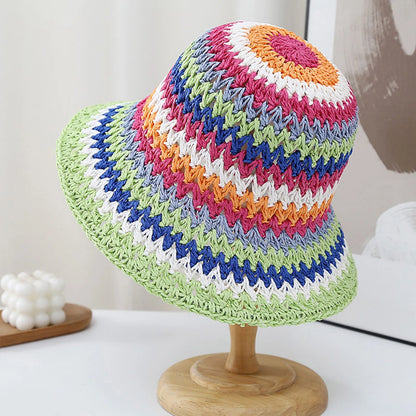 Womens Rainbow Braided Straw Wide Brim Bucket Hat