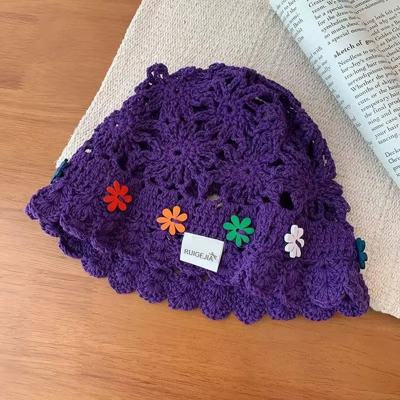 Korean Handmade Flower Hollow Knitted Bucket Hat