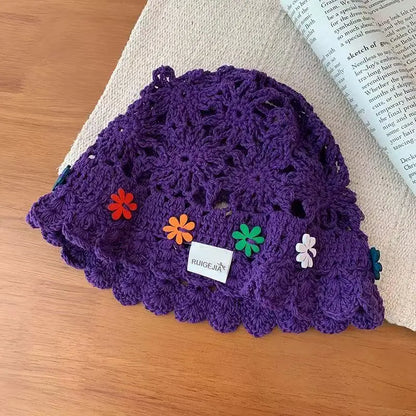 Korean Handmade Flower Hollow Knitted Bucket Hat
