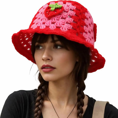 Bohemian Strawberry Crochet Ruffled Edge Bucket Hat